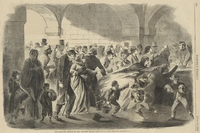Framed Print : US Civil War. Union military occupation commander, Gen. Benjamin Butler, ordered captured Confederate food supplies of beef and sugar be distributed to those in need