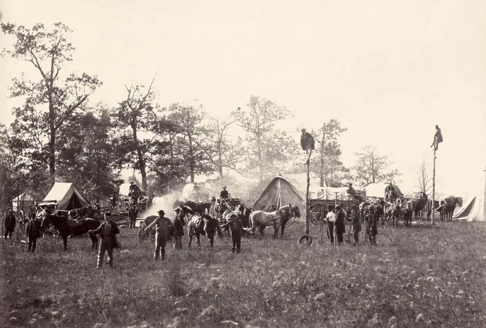 Framed Print : The Civil War. U.S. Military telegraph construction corps hanging a telegraph wire. Timothy O'Sullivan, photographer, April 1864 Framed Print : The Civil War. U.S. Military telegraph construction corps hanging a telegraph wire. Timothy O'Sullivan, photographer, April 1864