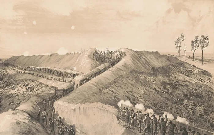 Framed Print : US Civil War, Vicksburg Campaign, Jan. 8-July 4, 1863. At center is the fight in the crater of Fort Hill, after the underground explosion, June 25, 1863 Framed Print : US Civil War, Vicksburg Campaign, Jan. 8-July 4, 1863. At center is the fight in the crater of Fort Hill, after the underground explosion, June 25, 1863
