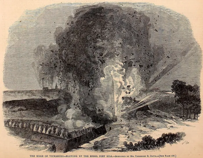 Framed Print : US Civil War, Vicksburg Campaign, Jan. 8-July 4, 1863. Blast of 2, 200 lbs. of gunpowder under Confederate Fort Hill, along the Vicksburg Siege perimeter, June 25, 1863