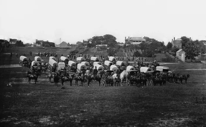 Framed Print : The Civil War. Wagon train of Military Telegraph Corps near Richmond, Va. 1865