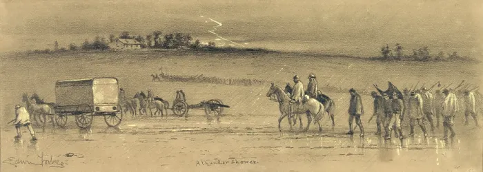 Framed Print : The Civil War.A flank march across country during a thunder shower. Union troops march through rain and mud, February, 1862. Drawing by Edwin Forbes, 1861-1865 Framed Print : The Civil War.A flank march across country during a thunder shower. Union troops march through rain and mud, February, 1862. Drawing by Edwin Forbes, 1861-1865