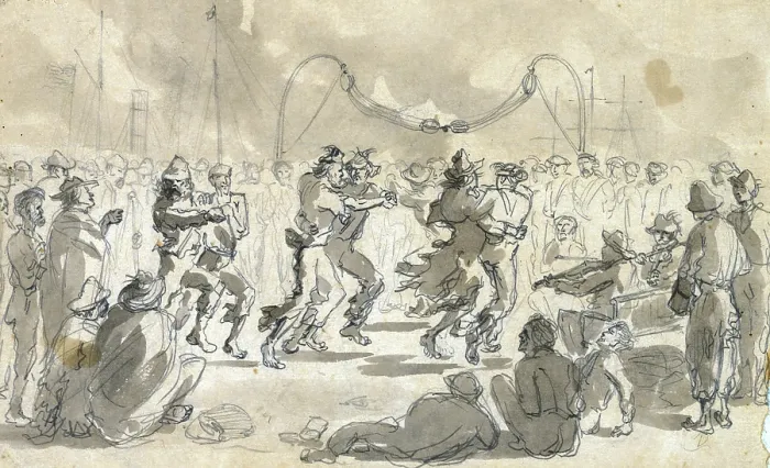 Framed Print : The Civil War.Released Prisoners - The dance upon the deck of the Confederate 'Star of the South'. Ink wash on paper by William Waud. January 14, 1865