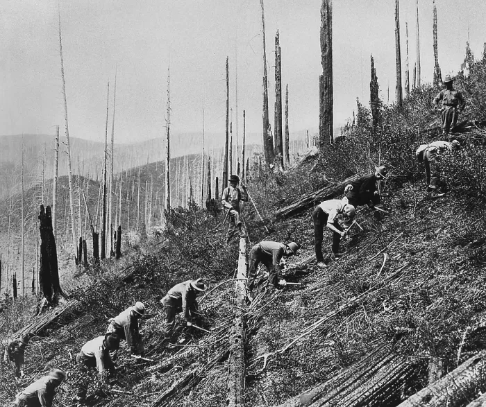 Framed Print : Civilian Conservation Corps (CCC) at work, ca. 1935. They are clearing the land for soil conservation. (BSLOC_2013_7_67) Framed Print : Civilian Conservation Corps (CCC) at work, ca. 1935. They are clearing the land for soil conservation. (BSLOC_2013_7_67)