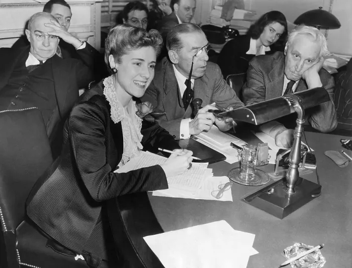 Framed Print : Clara Booth Luce, during Lend Lease bill extension hearings on Feb. 16, 1943. Congresswoman Booth testified before the house Foreign Relations Committee. L-R: Rep