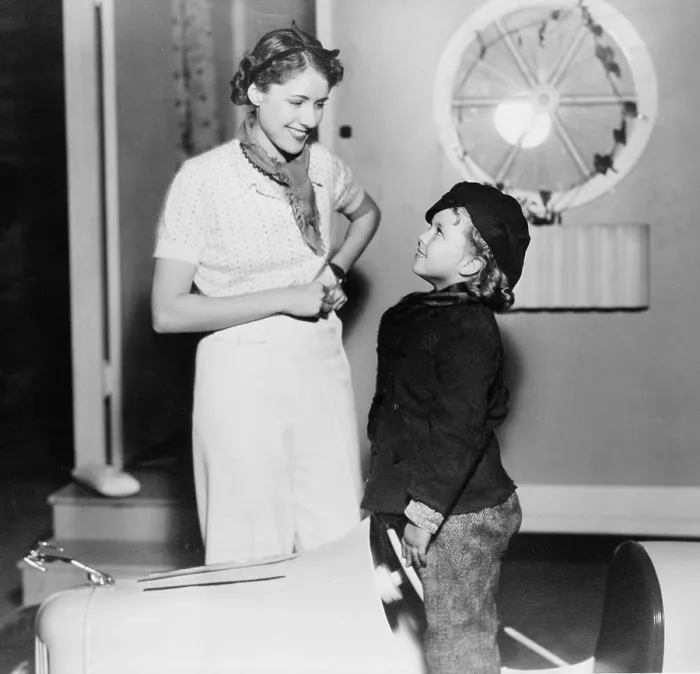 Framed Print : Clare Boothe Luce (1903-1987) and Shirley Temple (b. 1928), on movie set with miniature car, Hollywood, 1936 Framed Print : Clare Boothe Luce (1903-1987) and Shirley Temple (b. 1928), on movie set with miniature car, Hollywood, 1936