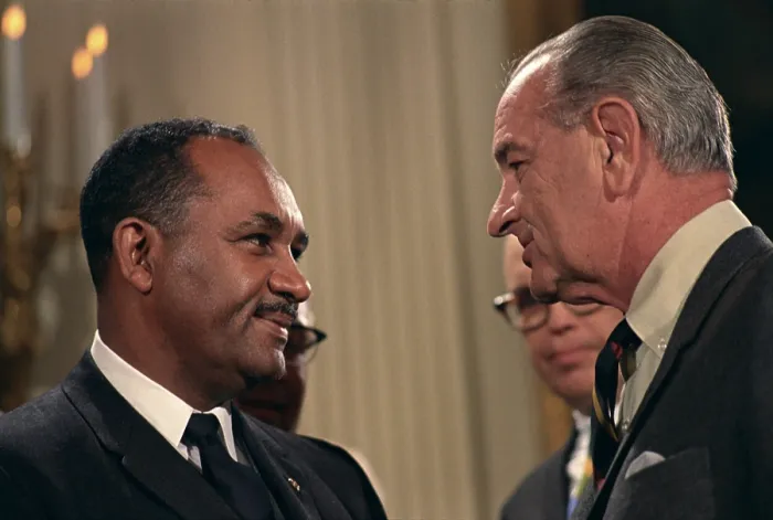 Framed Print : Clarence Mitchell (1911-84) and President Lyndon Johnson at the signing of the 1968 Civil Rights Act. Mitchell was the chief lobbyist for the NAACP for 30 years. April 11, 1968 Framed Print : Clarence Mitchell (1911-84) and President Lyndon Johnson at the signing of the 1968 Civil Rights Act. Mitchell was the chief lobbyist for the NAACP for 30 years. April 11, 1968