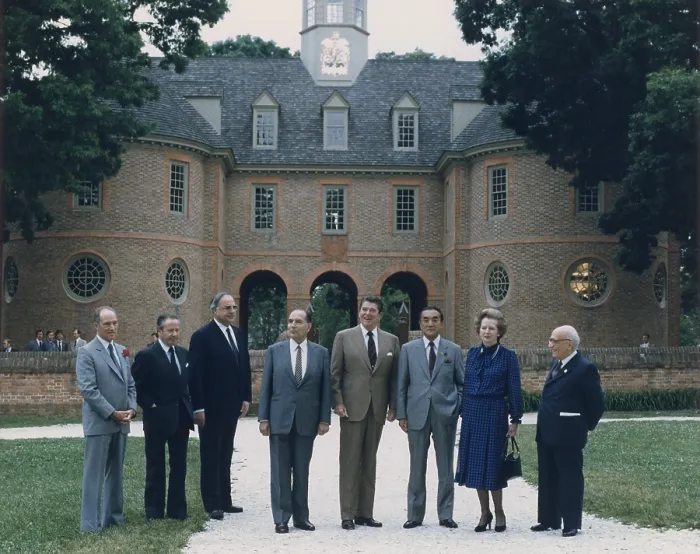 Framed Print : Class photo from the G-7 Economic Summit in Williamsburg Virginia left to right Pierre Trudeau Gaston Thorn Helmut Kohl Francois Mitterrand President Reagan Yasuhiro Nakasone