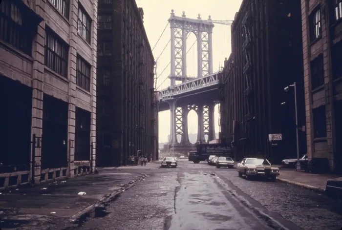 Framed Print : Classic view of the Manhattan Bridge Tower in Brooklyn. June 1974 Framed Print : Classic view of the Manhattan Bridge Tower in Brooklyn. June 1974