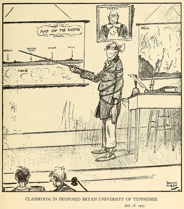 Framed Print : CLASSROON IN PROPOSED BRYAN UNIVERSITY IN TENNESSEE, July 18, 1925, by Rollin Kirby, NEW YORK WORLD. The gagged teacher points to a map of a flat earth (BSLOC_2016_10_67) Framed Print : CLASSROON IN PROPOSED BRYAN UNIVERSITY IN TENNESSEE, July 18, 1925, by Rollin Kirby, NEW YORK WORLD. The gagged teacher points to a map of a flat earth (BSLOC_2016_10_67)