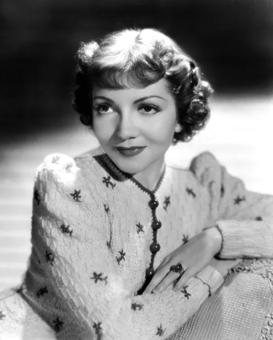Framed Print : Claudette Colbert, portrait, 1939, in embroidered cardigan