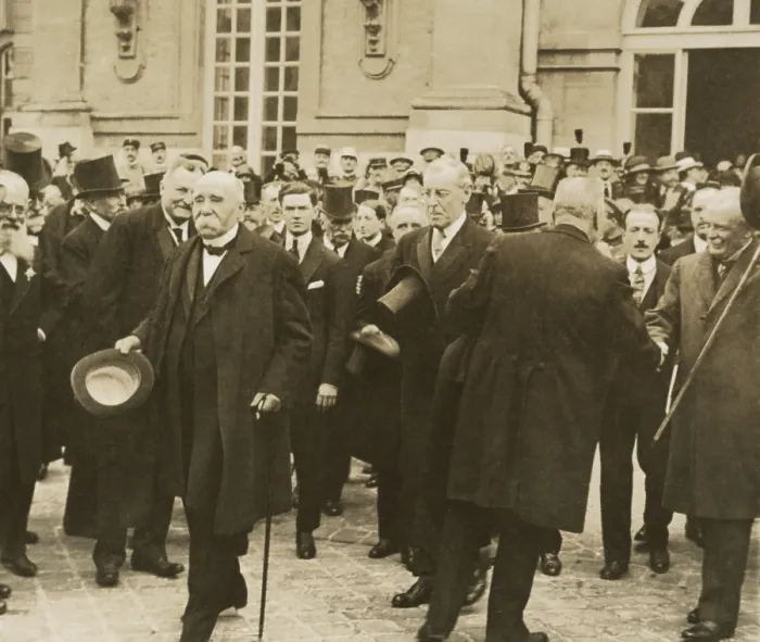 Framed Print : Clemenceau, Wilson, and Lloyd George leaving Palace of Versailles after signing Paris Peace Treaty. June 28, 1919