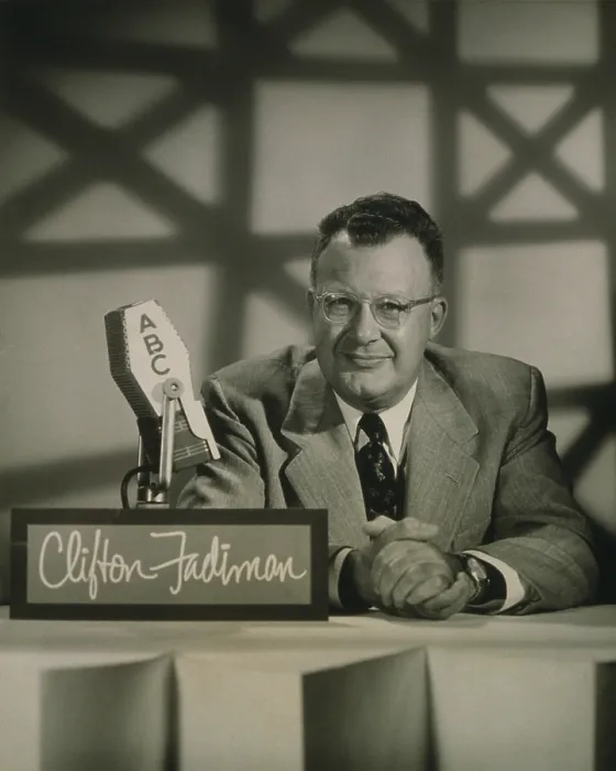 Framed Print : Clifton Fadiman (1904-1999), at the microphone hosting the ABC-TV quiz show, THE NAME IS THE SAME in 1955