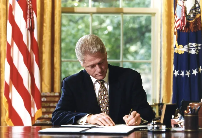 Framed Print : Bill Clinton signing a bill which included a line-item veto on Aug. 11, 1997. Congress had empowered this action with the Line Item Veto Act of 1996