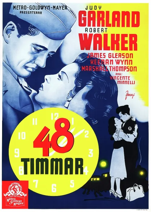 Framed Print : THE CLOCK, (aka 48 TIMMAR), Swedish poster art, from left: Robert Walker, Judy Garland, 1945