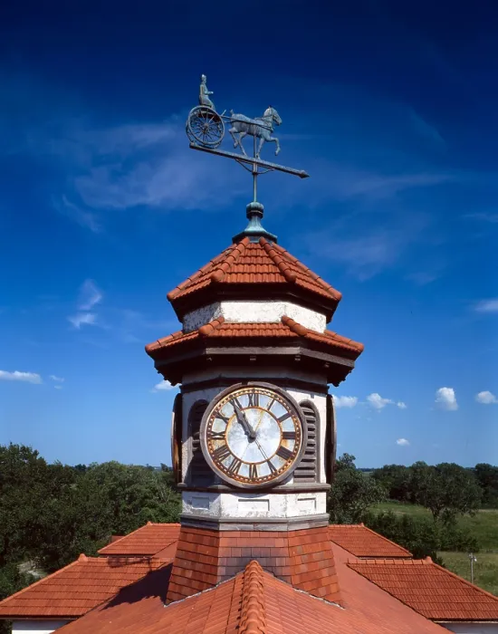 Framed Print : Clock tower and weathervane, Longview Farm, Show Horse Barn, Lees Summit, MO 1914