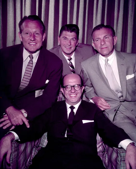 Framed Print : Clockwise from left: Art Linkletter, Ronald Reagan, George Burns, Phil Silvers, ca. 1956