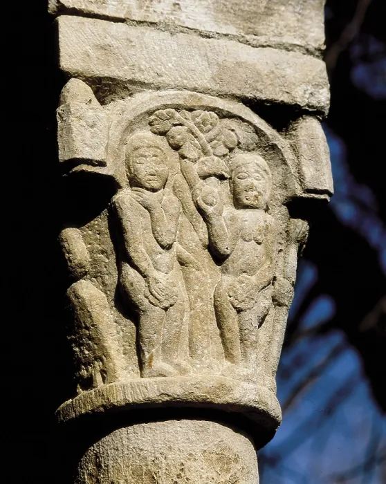 Framed Print : Cloister of the convent of Sant Domnec. 12th c. SPAIN. Perelada. Sant Domnech Convent. Capotal depicting Adam, Eve and the Original Sin. Romanesque art. Relief on marble. - J