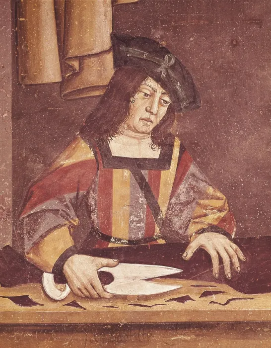 Framed Print : Cloth Merchant Cutting Cloth. 15th C. Detail. Gothic art. Fresco. ITALY. Issogne. Issogne Castle. AISA / Everett Collection (53465)**US SALES ONLY**