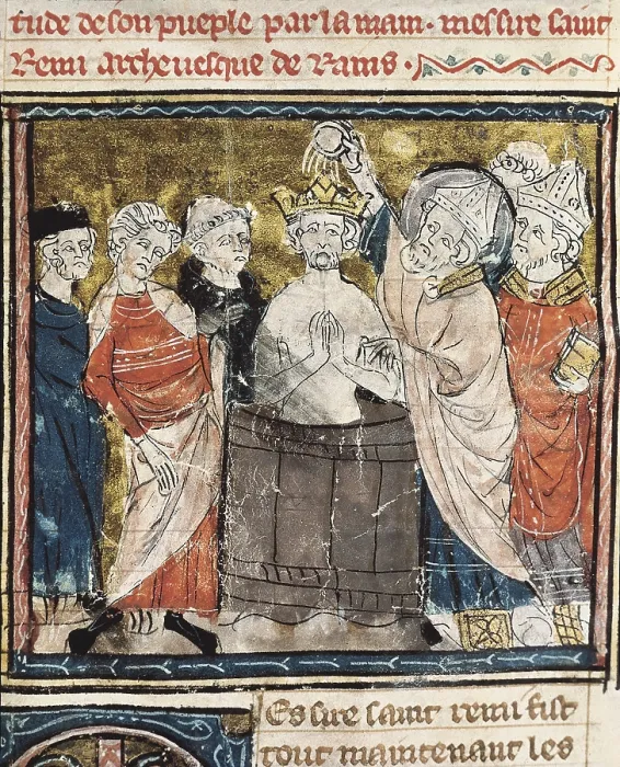Framed Print : CLOVIS I (465-511). Merovingian king of the Franks (456-511). Clovis I's baptism by Saint Remigius, bishop of Reims (circa 498)
