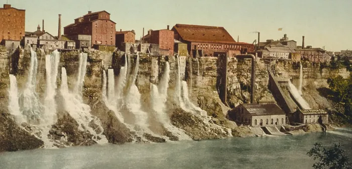 Framed Print : A cluster of factories built on and into the walls of the Niagara River Gorge. Water diverted from above the great Niagara Falls flows from the factories power generation plants Framed Print : A cluster of factories built on and into the walls of the Niagara River Gorge. Water diverted from above the great Niagara Falls flows from the factories power generation plants