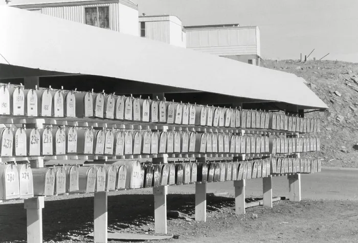 Framed Print : Cluster of mail boxes at a mobile home park in Rock Springs, Wyoming, 1970. (BSLOC_2014_13_148)