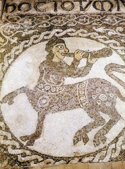 Framed Print : Clypeus with centaur who plays the horn, by Unknown Artist, 12th Century, mosaic - Italy, Calabria, Ronnaso, Abbey of Patire. Detail Framed Print : Clypeus with centaur who plays the horn, by Unknown Artist, 12th Century, mosaic - Italy, Calabria, Ronnaso, Abbey of Patire. Detail