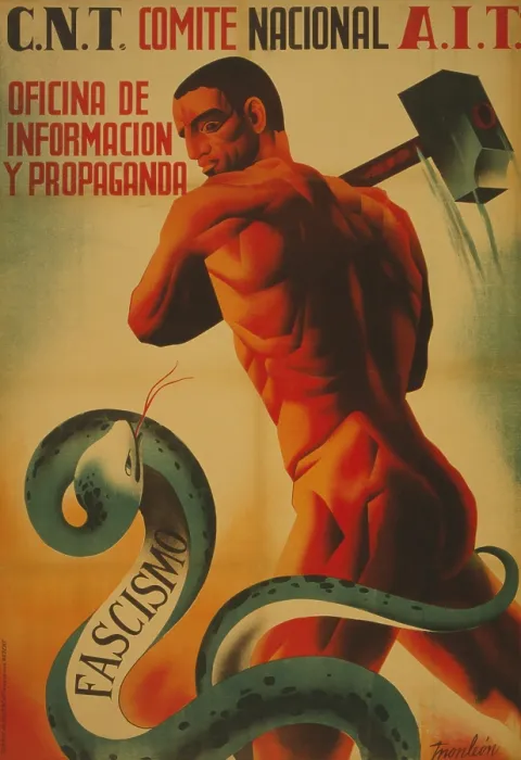 Framed Print : C.N.T. NATIONAL COMMITTEE A.I.T.--OFFICE OF INFORMATION AND PROPAGANDA. Spanish Civil War poster presenting Republican, anti-Franco propaganda. The C.N.T