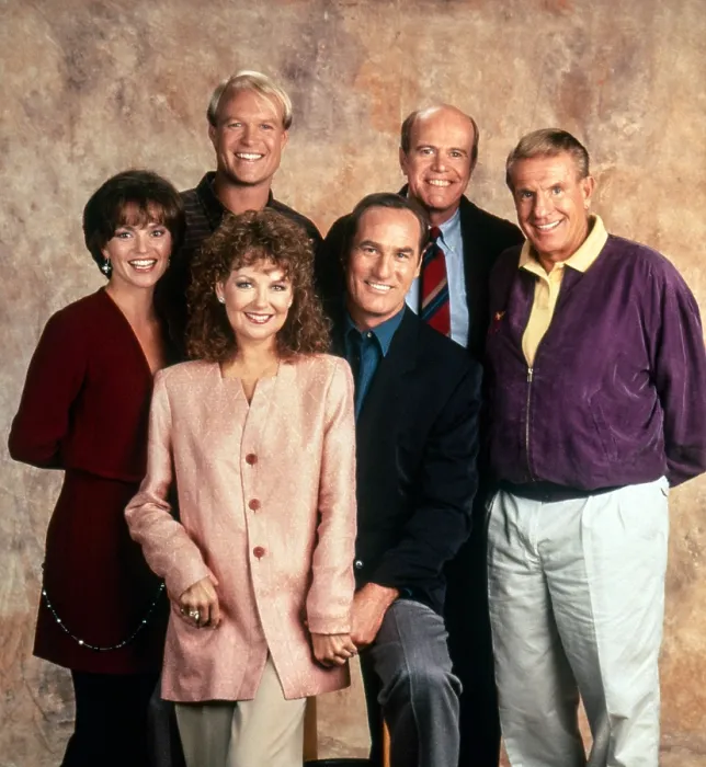 Framed Print : COACH, back from left: Bill Fagerbakke, Ken Kimmins; front from left: Clare Carey, Shelley Fabares, Craig T. Nelson, Jerry Van Dyke, (season 6, 1993), 1989-1997