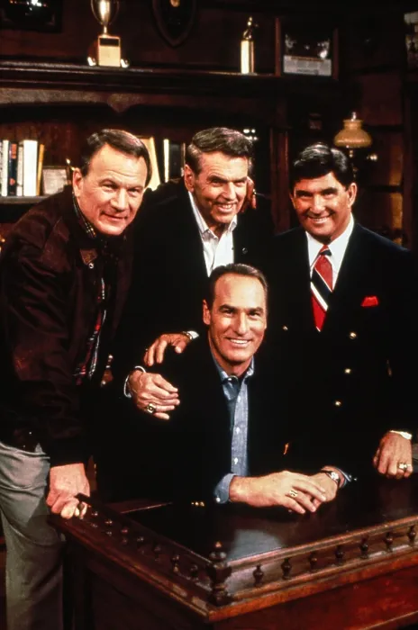 Framed Print : COACH, standing from left: Barry Switzer, George Allen, Hank Stram; seated: Craig T. Nelson, Coaches Conference (season 2, episode 12, aired February 13, 1990), 1989-1997