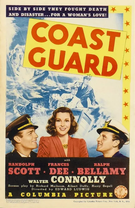Framed Print : COAST GUARD, from left: Randolph Scott, Frances Dee, Ralph Bellamy on midget window card, 1939