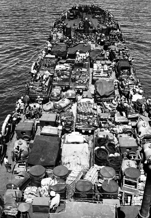 Framed Print : Coast Guard-manned LST crammed with Marines and material for the invasion of New Britain against the Japanese