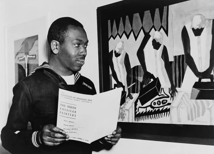 Framed Print : Coast Guardsman Jacob Lawrence, with his paintings at the Institute of Modern Art in Boston in 1945 Framed Print : Coast Guardsman Jacob Lawrence, with his paintings at the Institute of Modern Art in Boston in 1945