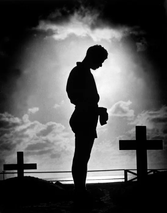 Framed Print : Coast Guardsman stands at a U.S. serviceman's grave in the Pacific. 1944 during World War 2. (BSLOC_2013_14_267) Framed Print : Coast Guardsman stands at a U.S. serviceman's grave in the Pacific. 1944 during World War 2. (BSLOC_2013_14_267)
