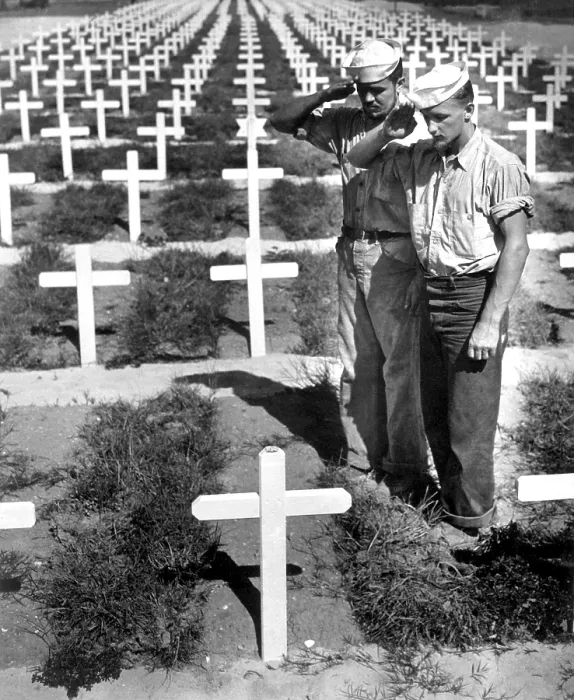 Framed Print : Two Coast Guardsmen salute the grave of a fellow serviceman killed action in the Ryukyu Islands. Ca. 1945. Pacific Ocean, World War 2. (BSLOC_2013_13_109)