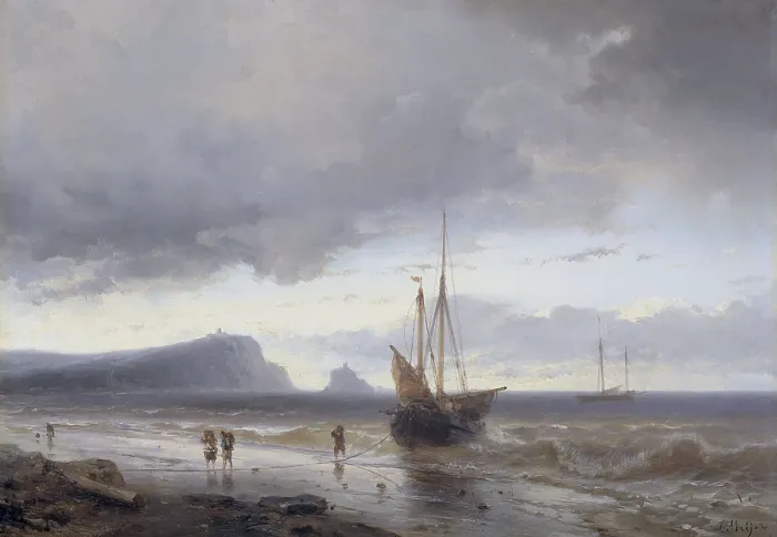 Framed Print : Along the Coast, by Louis Meijer, 1840-50, Dutch painting, oil on panel. Small ship is beached as disembarked fisherman carry off the day's catch. (BSLOC_2016_1_213)