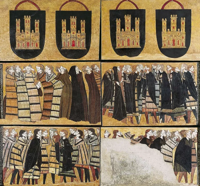 Framed Print : Coats of Arms and Mourners from the Tomb of Sancho Siz de Carrillo. end 13th c. Tempera on parchment apllied to a wooden support Framed Print : Coats of Arms and Mourners from the Tomb of Sancho Siz de Carrillo. end 13th c. Tempera on parchment apllied to a wooden support