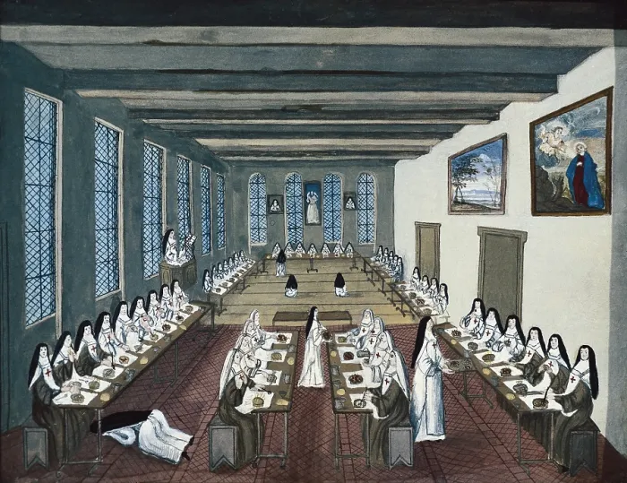 Framed Print : COCHIN, Louise Madeleine (1686-1767). The Abbey of Port Royal des Champs. View of the Refectory. ca. 1709 - 1710. Engraving. FRANCE. Versailles. National Museum of Versailles