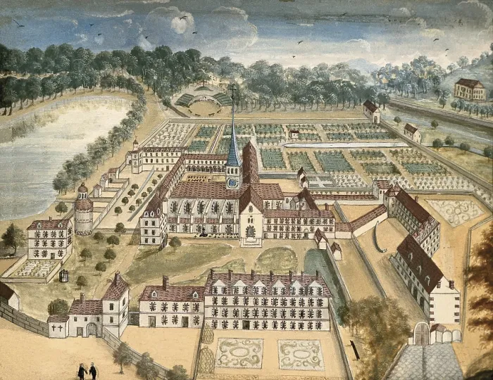 Framed Print : COCHIN, Louise Madeleine (1686-1767). The Abbey of Port-Royal des Champs. General View. ca. 1709 - 1710. Engraving. FRANCE. Versailles. National Museum of Versailles
