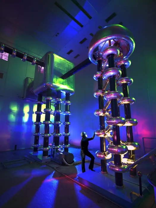 Framed Print : The Cockcroft Walton high-energy accelerator generates a proton beam to power the Tevatron particle accelerators (atom smasher) at the Fermi National Laboratory