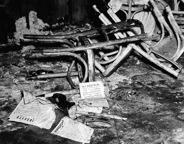 Framed Print : Coconut Grove Nightclub Fire. A view of the fire-ruined interior of the Coconut Grove nightclub after the bodies of the victims were removed