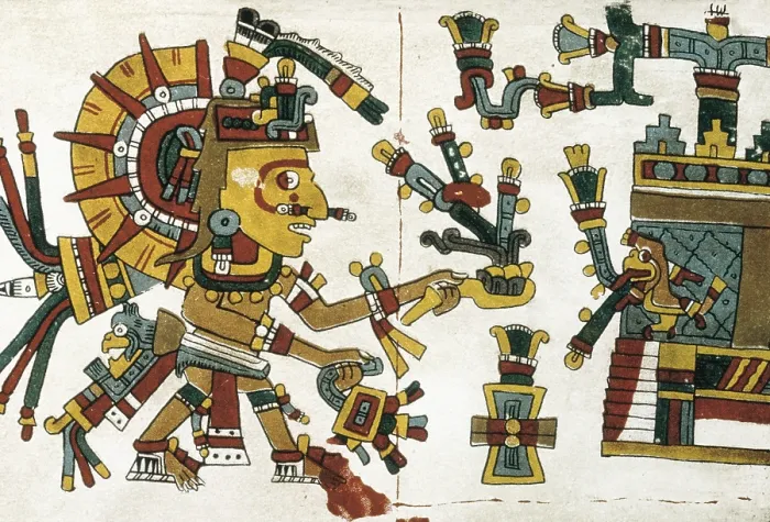 Framed Print : Codex Cospi. Circa 15th c. God of the Sun receiving offerings in his palace guarded by an eagle. Ritual calendar ca. 15th century from Mixtec or Aztec culture