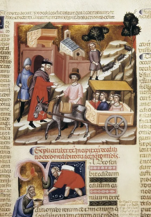 Framed Print : 'Codex Iustiniani' or 'Justinian Codex' (1350). The payment of the gabelle. Bolognese school. Gothic art. Miniature Painting. ITALY. Turin