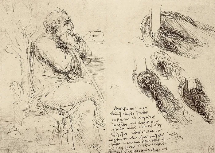 Framed Print : Codex Leicester, or Codex Hammer (1508-1510). Drawing of an old man sitting on a rock and some sketches on water movement. Renaissance art. Drawing. - J Framed Print : Codex Leicester, or Codex Hammer (1508-1510). Drawing of an old man sitting on a rock and some sketches on water movement. Renaissance art. Drawing. - J