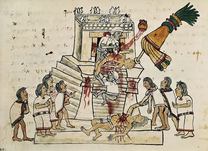 Framed Print : Codex Magliabecchi. 16th c. Ritual human sacrifice to god Huitzilopochtli. Aztec art. Miniature Painting. ITALY. Florence. National Library