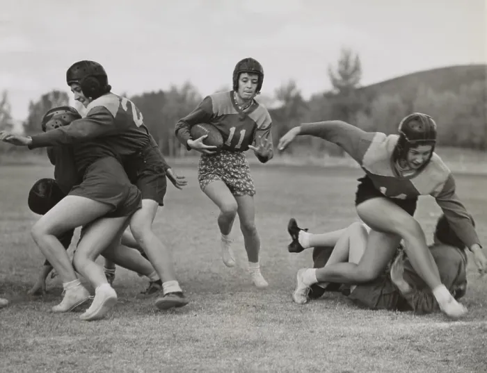 Framed Print : Coeds from Western State College staged their annual Powder Bowl football game. Oct. 14, 1939. Gunnison, Colorado. - (BSLOC_2015_1_221)