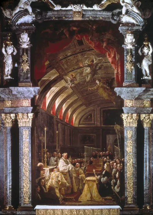 Framed Print : COELLO, Claudio (1642-1693). The Adoration of the Sacred Form. 1685-1690. SPAIN. San Lorenzo de El Escorial. Royal Monastery of San Lorenzo de El Escorial. Baroque art