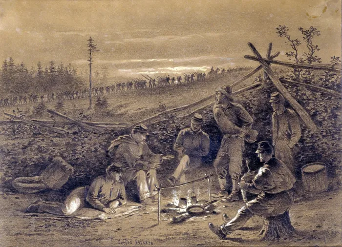Framed Print : Coffee Coolers, illustration of men preparing coffee, by Edwin Forbes, circa 1876