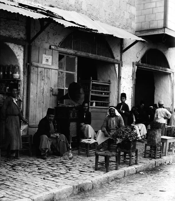 Framed Print : Coffee shop with gramophone, Jerusalem, circa 1910s