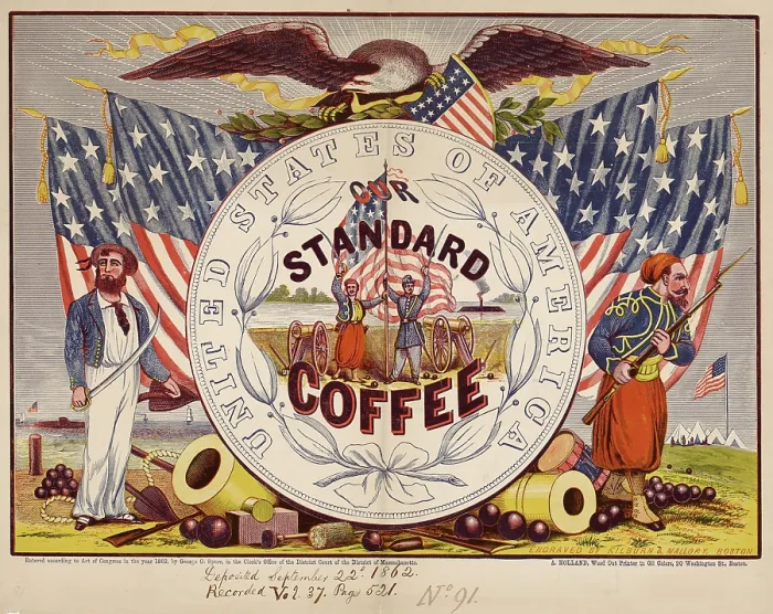 Framed Print : Coffee, United States of America, our standard coffee, illustration with Zouaves, soldier, eagle and flags, circa 1863